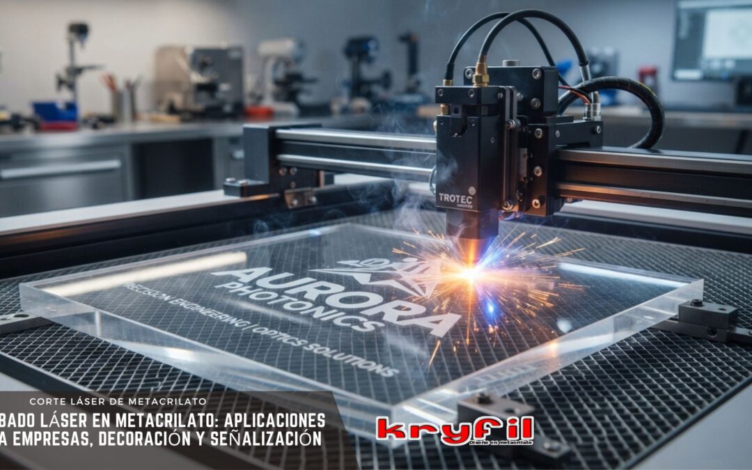 Proceso de grabado láser en metacrilato transparente de alta precisión para aplicaciones corporativas y decorativas en Kryfil.