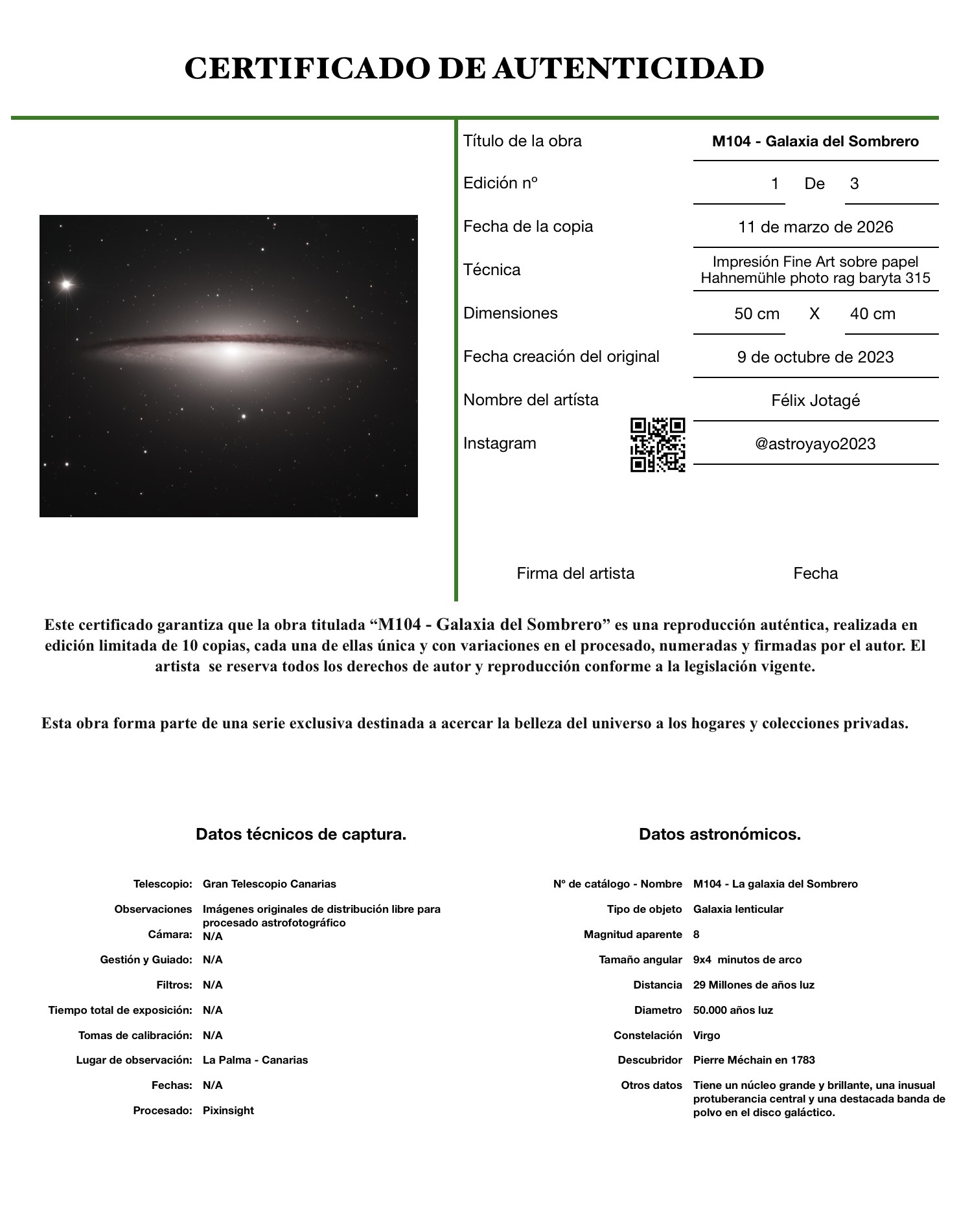 Galaxia del Sombrero M104 | Astrofotografía Fine Art - Imagen 2