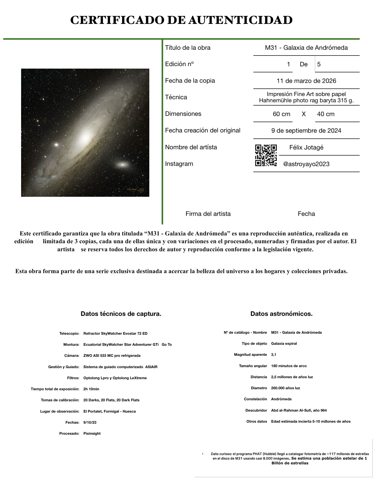 Certificado de Autenticidad - Andrómeda